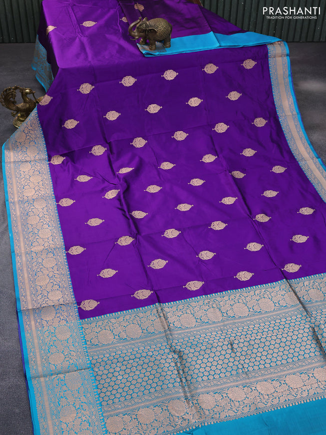 Pure banarasi katan silk saree violet and light blue with copper zari woven buttas and zari woven floral border