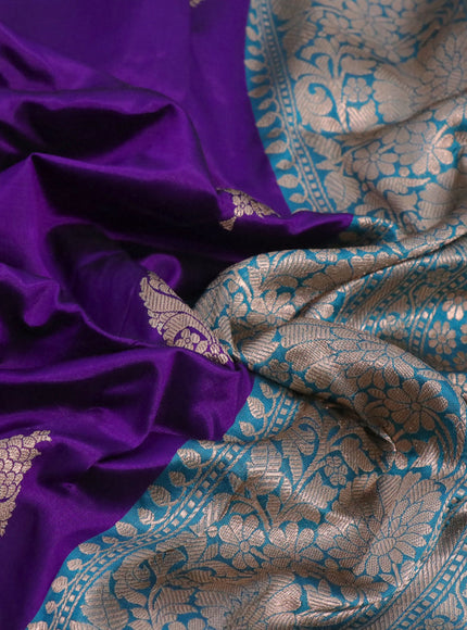 Pure banarasi katan silk saree violet and light blue with copper zari woven buttas and zari woven floral border