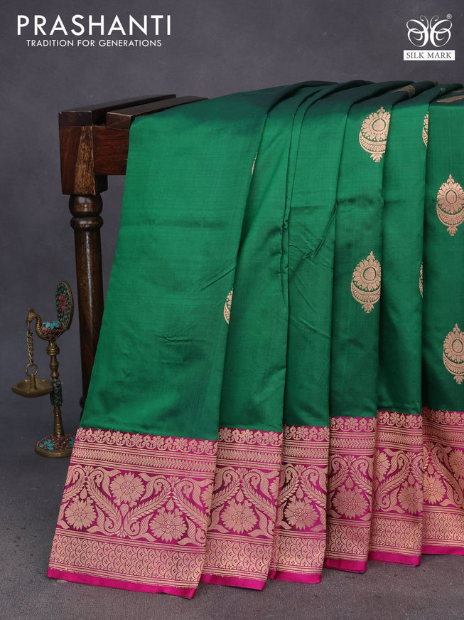 Pure banarasi katan silk saree green and pink with copper zari woven buttas and zari woven border