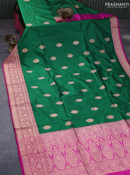 Pure banarasi katan silk saree green and pink with copper zari woven buttas and zari woven border