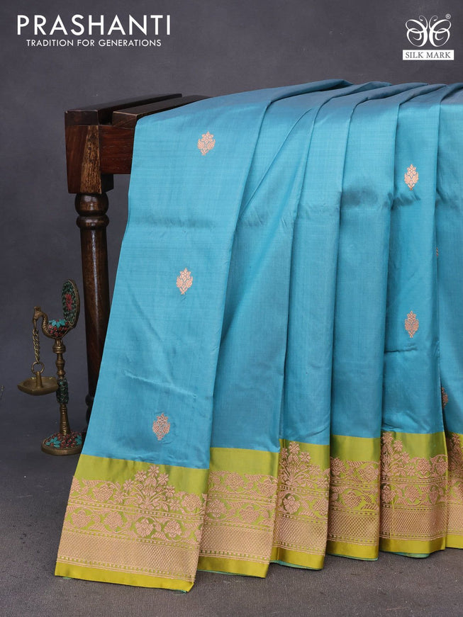 Pure banarasi katan silk saree teal blue and lime yellow with copper zari woven buttas and zari woven border