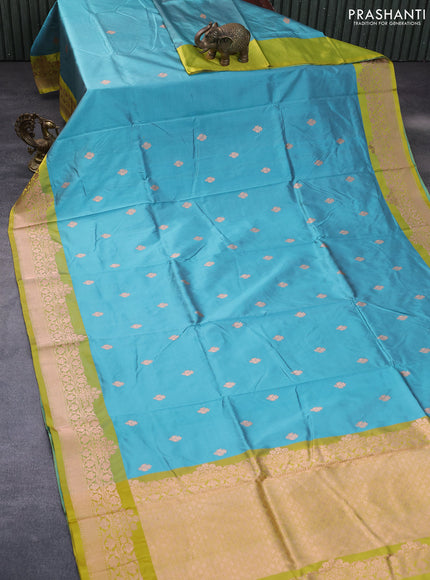 Pure banarasi katan silk saree teal blue and lime yellow with copper zari woven buttas and zari woven border