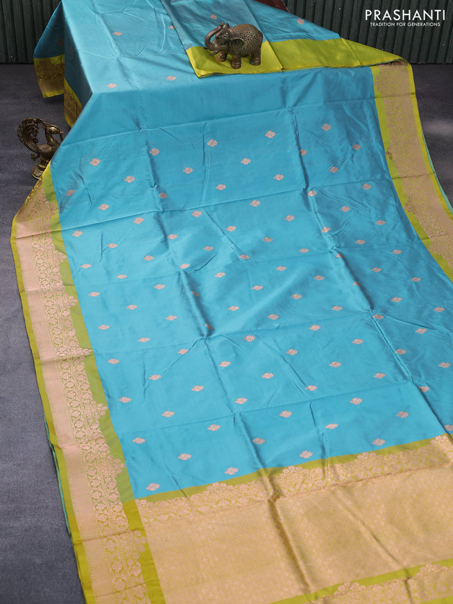 Pure banarasi katan silk saree teal blue and lime yellow with copper zari woven buttas and zari woven border