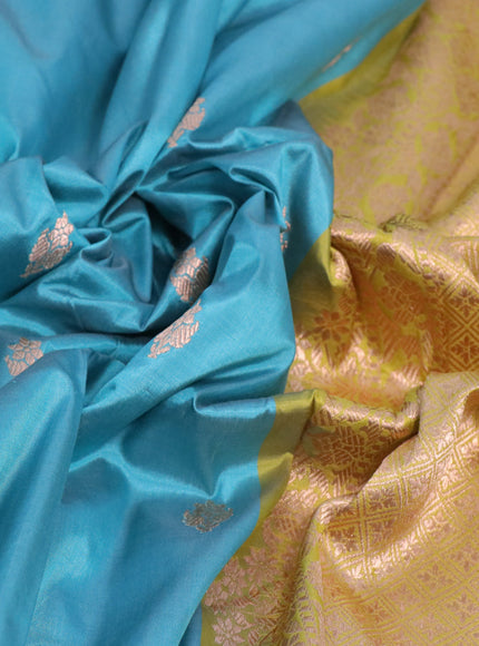 Pure banarasi katan silk saree teal blue and lime yellow with copper zari woven buttas and zari woven border