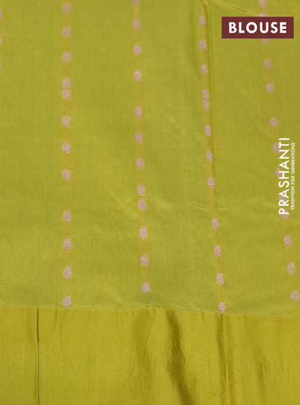 Pure banarasi katan silk saree teal blue and lime yellow with copper zari woven buttas and zari woven border