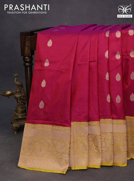 Pure banarasi katan silk saree magenta pink and yellow with zari woven buttas and copper zari woven border