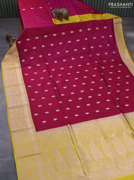 Pure banarasi katan silk saree magenta pink and yellow with zari woven buttas and copper zari woven border