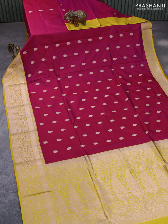 Pure banarasi katan silk saree magenta pink and yellow with zari woven buttas and copper zari woven border