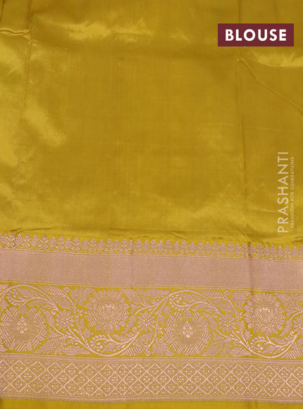 Pure banarasi katan silk saree magenta pink and yellow with zari woven buttas and copper zari woven border