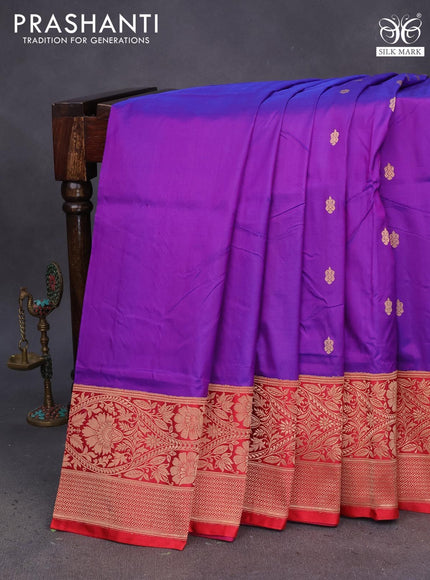 Pure banarasi katan silk saree purple and red with allover zari woven buttas and copper zari woven border