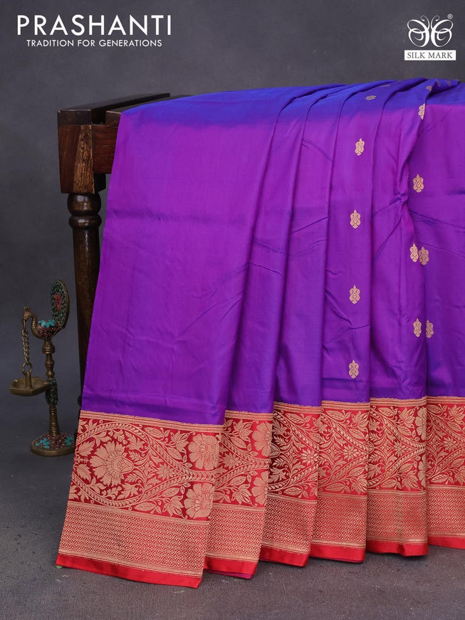 Pure banarasi katan silk saree purple and red with allover zari woven buttas and copper zari woven border