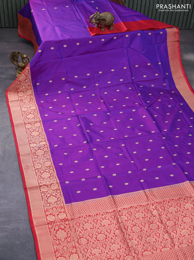 Pure banarasi katan silk saree purple and red with allover zari woven buttas and copper zari woven border