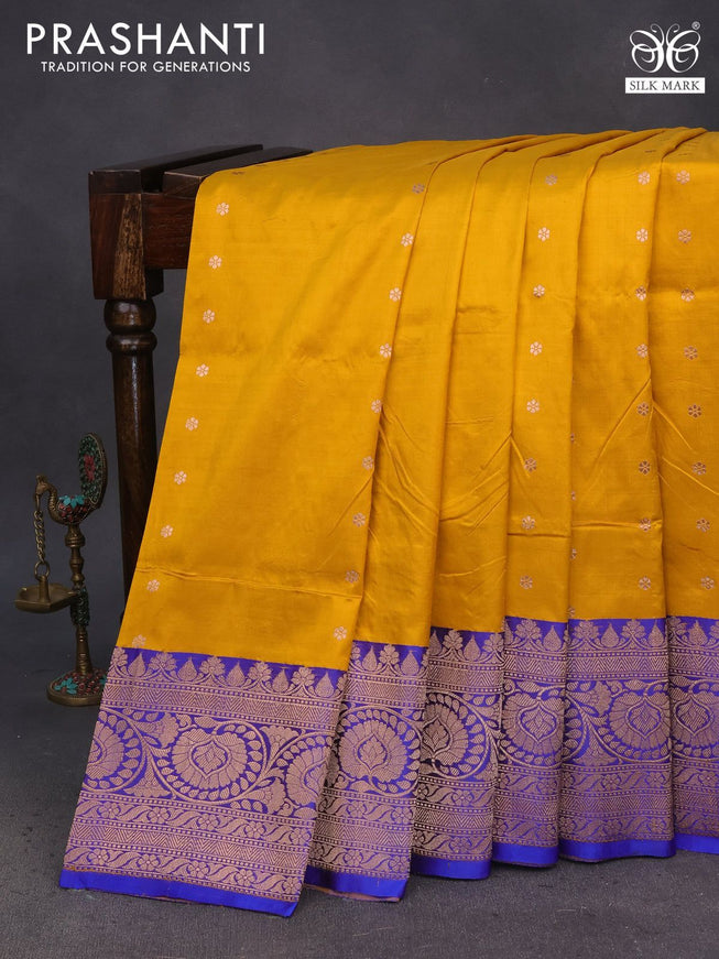 Pure banarasi katan silk saree mustard yellow and blue with allover zari woven buttas and copper zari woven border