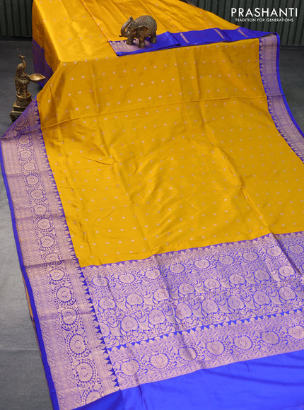 Pure banarasi katan silk saree mustard yellow and blue with allover zari woven buttas and copper zari woven border