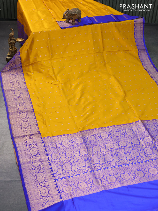 Pure banarasi katan silk saree mustard yellow and blue with allover zari woven buttas and copper zari woven border