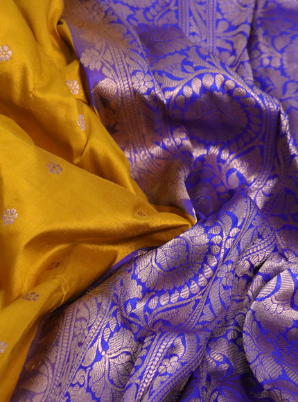 Pure banarasi katan silk saree mustard yellow and blue with allover zari woven buttas and copper zari woven border