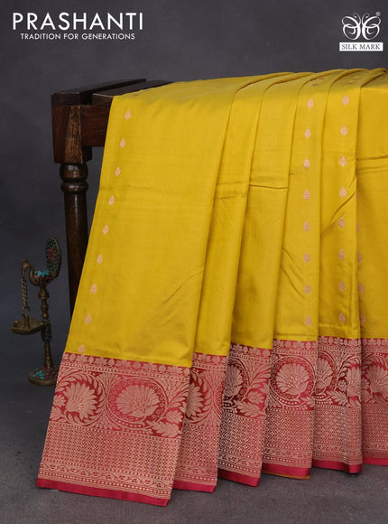 Pure banarasi katan silk saree yellow and maroon with allover zari woven buttas and copper zari woven border