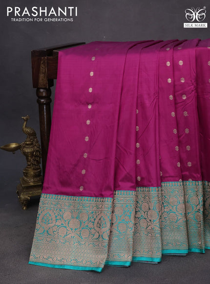 Pure banarasi katan silk saree magenta pink and teal green shade with allover zari woven buttas and copper zari woven border