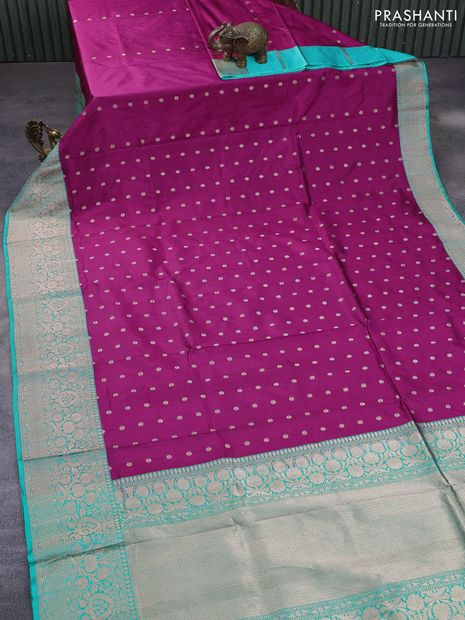 Pure banarasi katan silk saree magenta pink and teal green shade with allover zari woven buttas and copper zari woven border