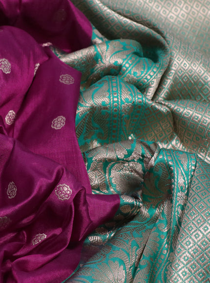 Pure banarasi katan silk saree magenta pink and teal green shade with allover zari woven buttas and copper zari woven border