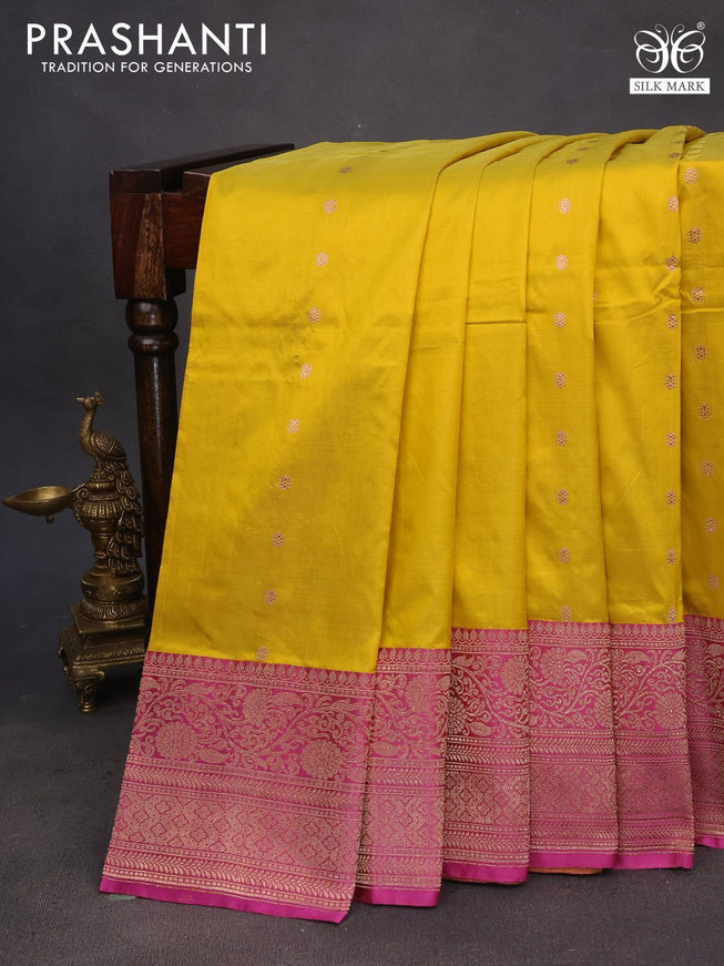 Pure banarasi katan silk saree yellow and pink with allover zari woven buttas and copper zari woven border