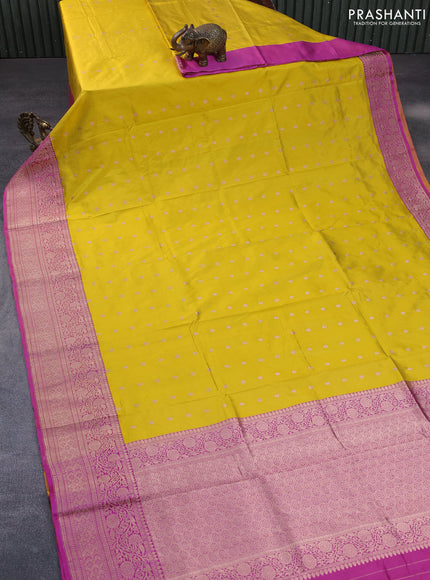 Pure banarasi katan silk saree yellow and pink with allover zari woven buttas and copper zari woven border