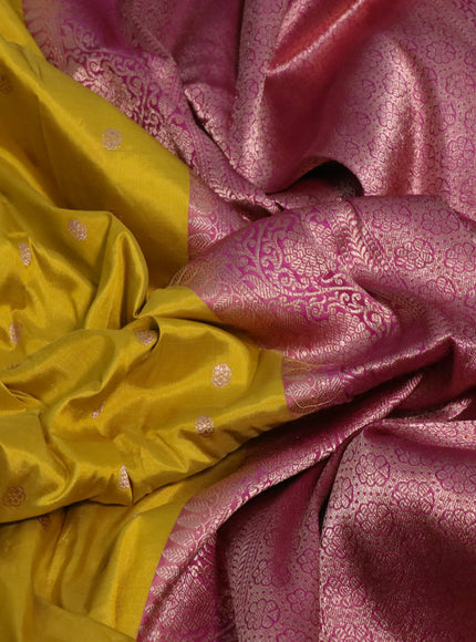 Pure banarasi katan silk saree yellow and pink with allover zari woven buttas and copper zari woven border