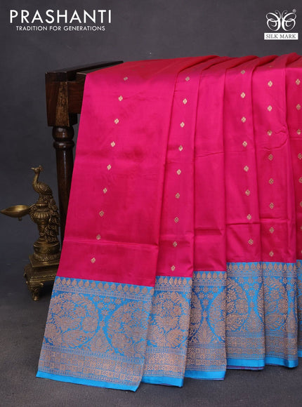 Pure banarasi katan silk saree pink and blue with allover zari woven buttas and copper zari woven border