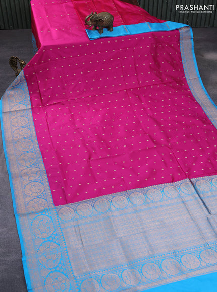 Pure banarasi katan silk saree pink and blue with allover zari woven buttas and copper zari woven border