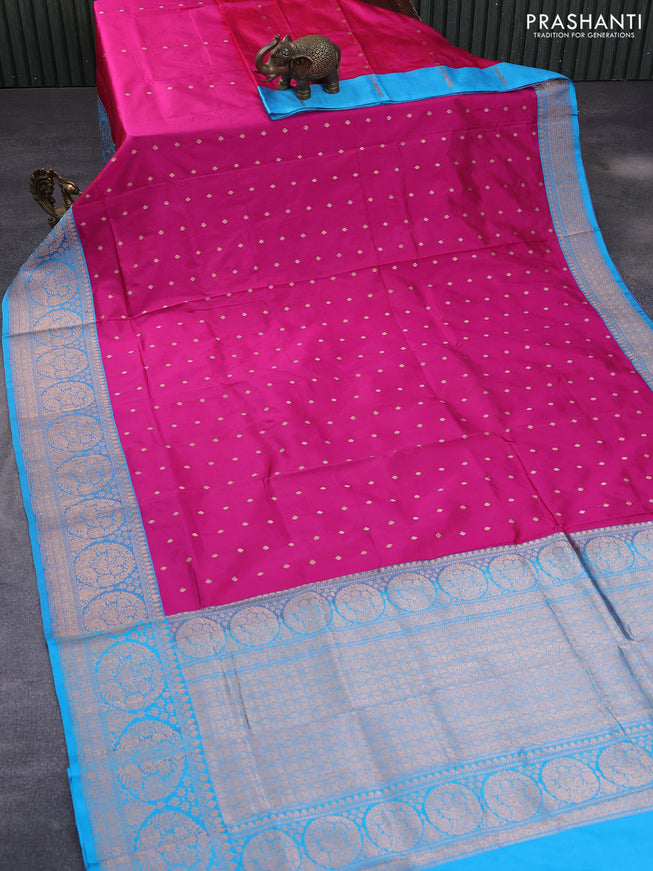 Pure banarasi katan silk saree pink and blue with allover zari woven buttas and copper zari woven border