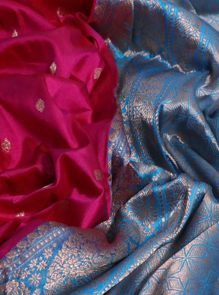 Pure banarasi katan silk saree pink and blue with allover zari woven buttas and copper zari woven border