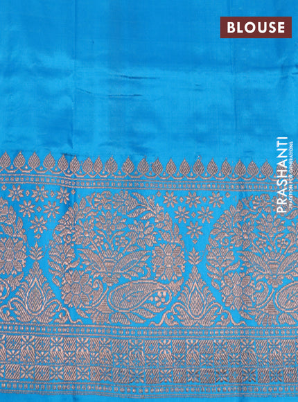 Pure banarasi katan silk saree pink and blue with allover zari woven buttas and copper zari woven border