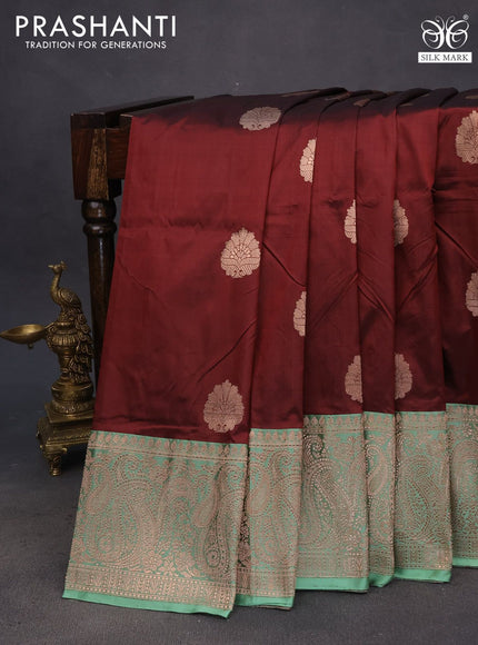 Pure banarasi katan silk saree maroon and pastel green with copper zari woven buttas and copper zari woven border