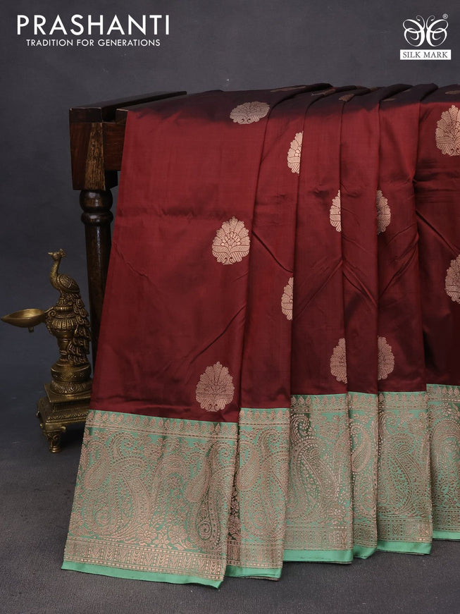 Pure banarasi katan silk saree maroon and pastel green with copper zari woven buttas and copper zari woven border