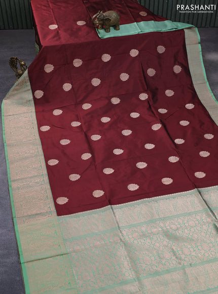 Pure banarasi katan silk saree maroon and pastel green with copper zari woven buttas and copper zari woven border