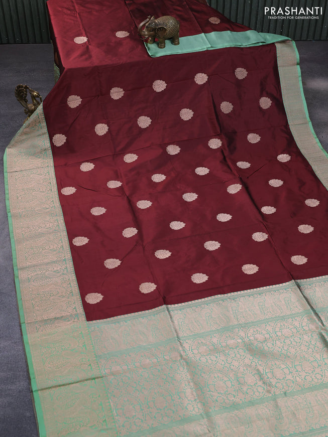 Pure banarasi katan silk saree maroon and pastel green with copper zari woven buttas and copper zari woven border