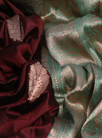 Pure banarasi katan silk saree maroon and pastel green with copper zari woven buttas and copper zari woven border