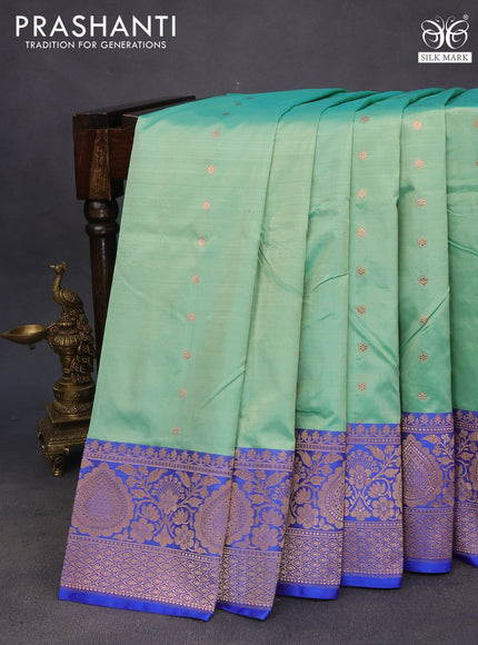 Pure banarasi katan silk saree pastel green and blue with zari woven floral buttas and zari woven border