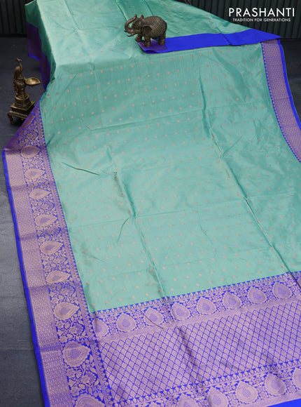 Pure banarasi katan silk saree pastel green and blue with zari woven floral buttas and zari woven border