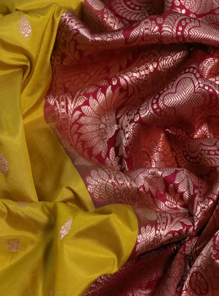 Pure banarasi katan silk saree yellow and maroon with zari woven buttas and zari woven floral border