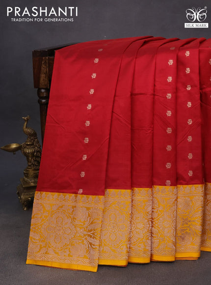 Pure banarasi katan silk saree maroon and mango yellow with zari woven floral buttas and zari woven floral border