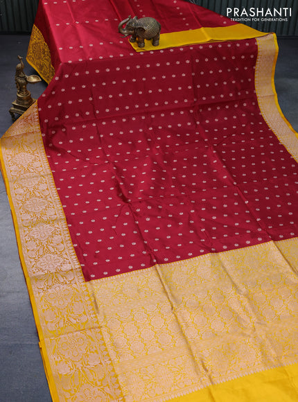 Pure banarasi katan silk saree maroon and mango yellow with zari woven floral buttas and zari woven floral border