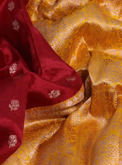 Pure banarasi katan silk saree maroon and mango yellow with zari woven floral buttas and zari woven floral border