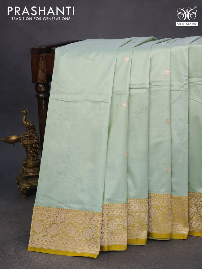 Pure banarasi katan silk saree pastel green and yellow with zari woven floral buttas and zari woven floral border