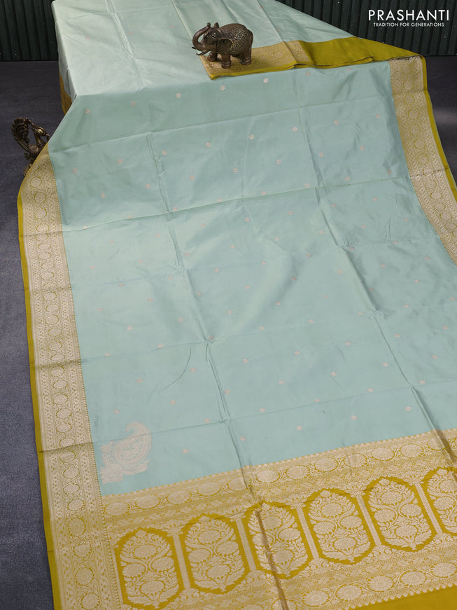 Pure banarasi katan silk saree pastel green and yellow with zari woven floral buttas and zari woven floral border