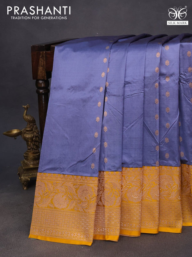 Pure banarasi katan silk saree grey and mango yellow with zari woven buttas and zari woven floral border