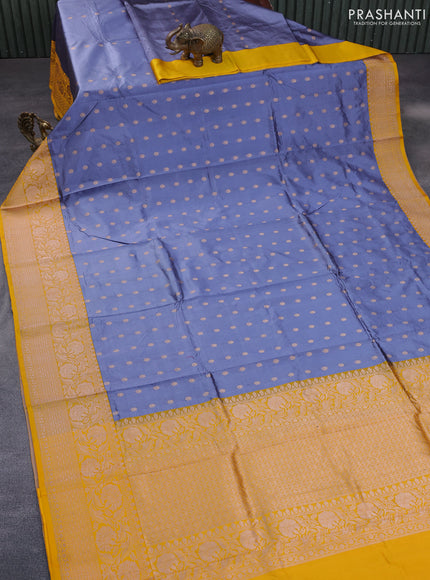 Pure banarasi katan silk saree grey and mango yellow with zari woven buttas and zari woven floral border