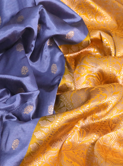 Pure banarasi katan silk saree grey and mango yellow with zari woven buttas and zari woven floral border