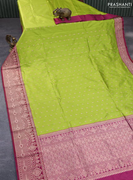 Pure banarasi katan silk saree lime green and maroon with zari woven buttas and zari woven floral border