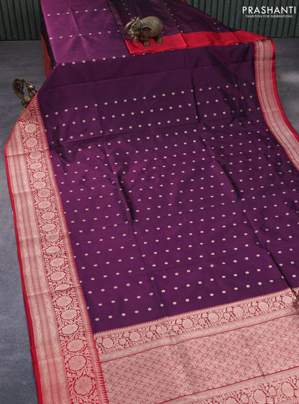 Pure banarasi katan silk saree deep purple and red with zari woven buttas and copper zari woven border